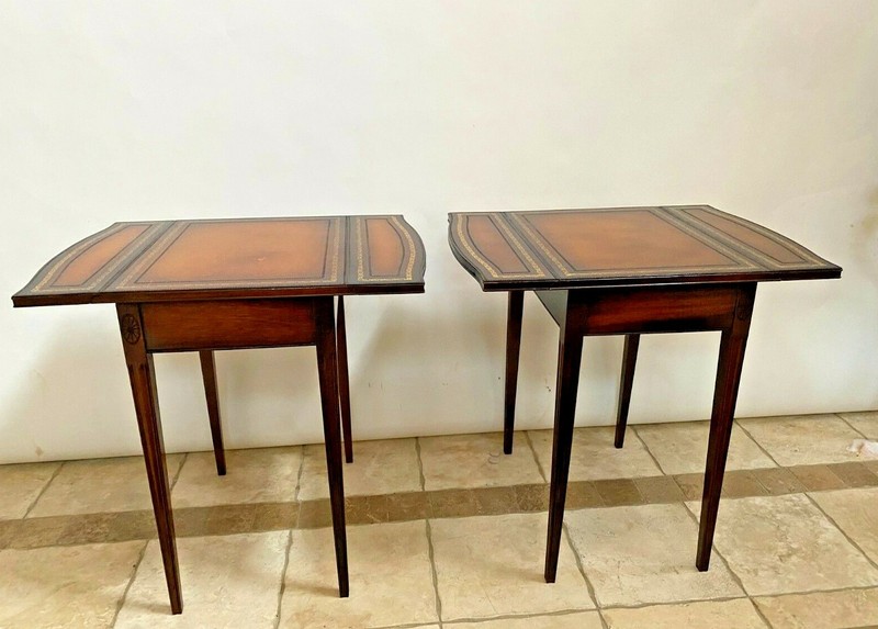 Vintage Pembroke Table set Tall expanding Nightstands embossed Leather Mahogany gallery