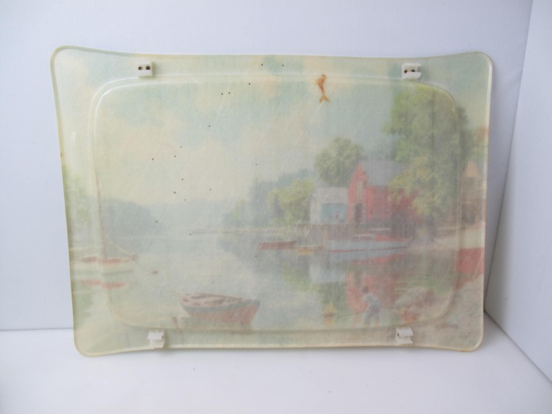 Quaker Industries vintage snack table fiberglass barn country scene tray restor gallery