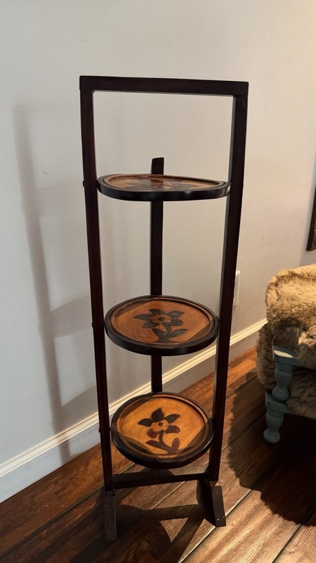 Vintage 3-Tier Wood Round Carved Folding Table Pie Stand Plant Shelf Flora