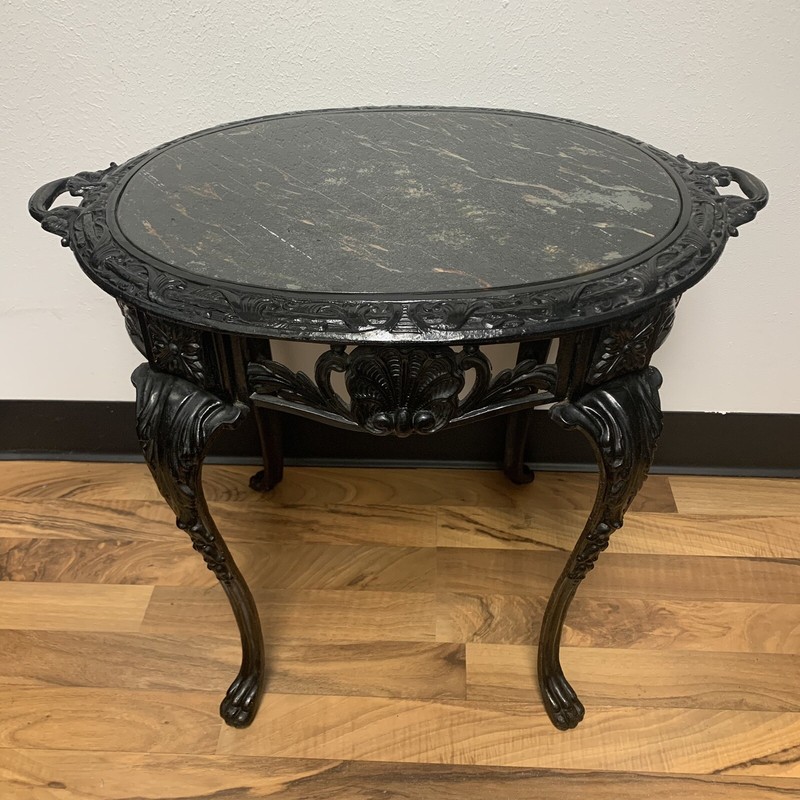 Antique 1880s Victorian Solid Cast Wrought Iron Table w/ Black Marble Top 24″L