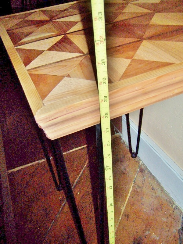 vintage mid cent modern Wooden Geometric Design table iron Hairpin Legs gallery