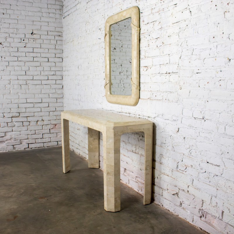 Modern Tessellated Travertine Console or Sofa Table & Wall Mirror Set Philippine gallery