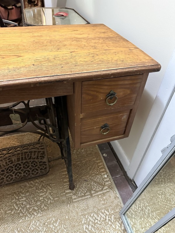 Vintage New Home Treadle Sewing Machine Desk Solid Wood Cast Iron Base gallery