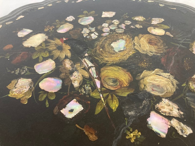 Antique Victorian Papier-Mâché Pedestal Table | Mother of Pearl Inlay |25'' H gallery