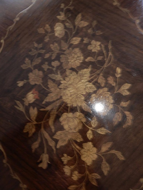 Antique French inlaid console table desk with drawer ormolu gilt trim 40 inch gallery