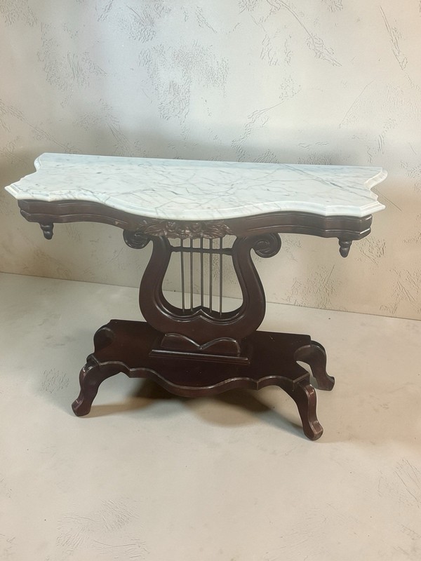 Vintage Marble Top Console Table – Solid Wood Lyre Base gallery