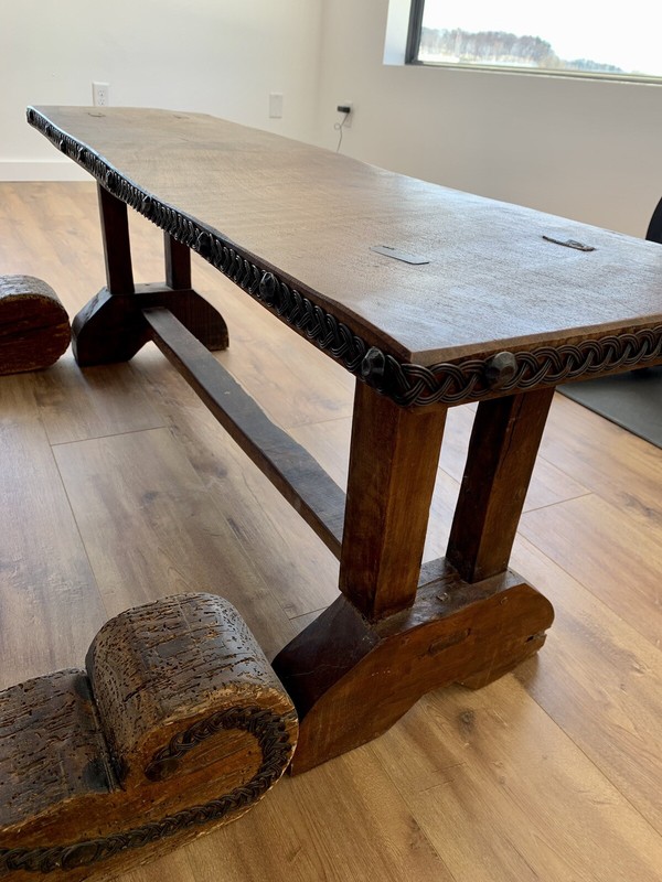 Antique 18th Century Handcrafted Walnut Farmhouse Dining Room Table & Benches gallery