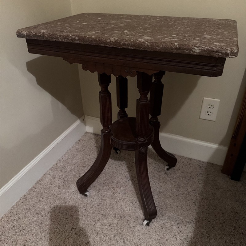 Antique Wood Eastlake Pedestal Table with Maroon Marble Top