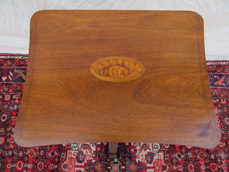 ANTIQUE REGENCY PERIOD MAHOGANY CONCH SHELL INLAID SEWING TABLE WITH LIFT TOP gallery