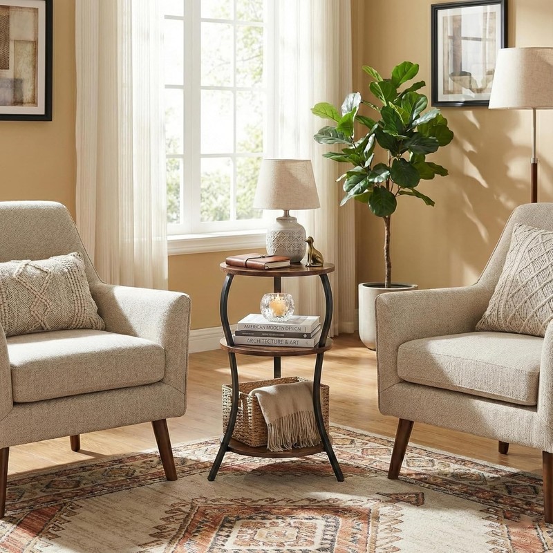 Vintage Small Round Side Table, 3-Tier Storage for Elegant Spaces - Rustic Brown gallery