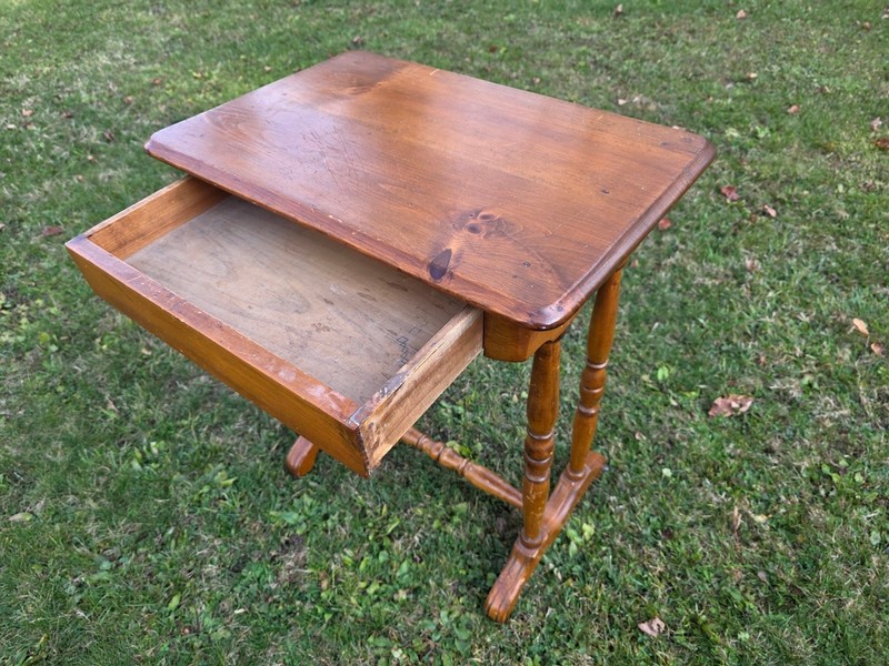 Antique Pine Side Table With One Drawer and Bobbin Legs