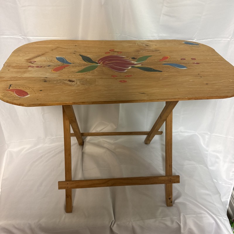 VTG Hand Painted Folding Wood Side Table Floral.See Pics For Measurements.