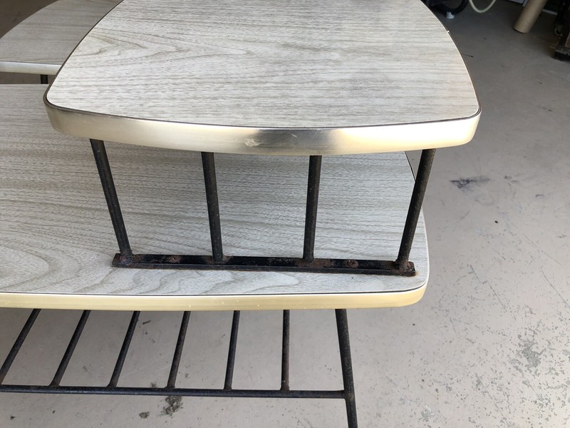 2 Mid Century Modern 2 Tier End Side Tables 1960's Formica Tops Steel Bases gallery