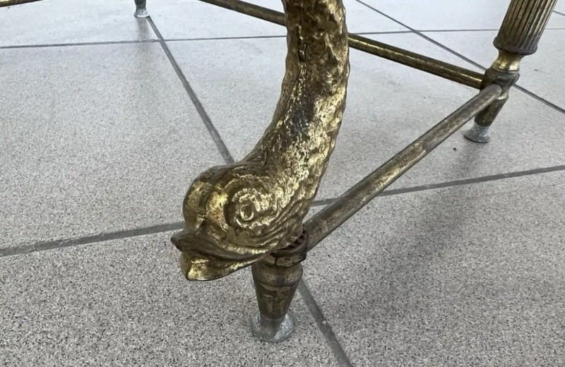 MAGNIFICENT HOLLYWOOD REGENCY BRASS & STONE TOP NESTNG TABLES WITH DOLPHNS 2 PCS gallery