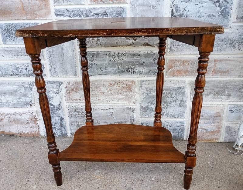 Vintage 2 Tier Scalloped Waterfall Style Inlaid Wood Walnut? Side Table gallery