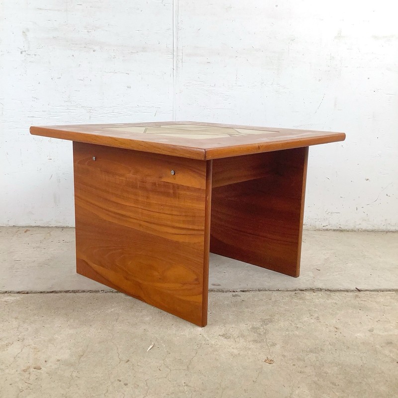 Vintage Danish Modern Teak Side Table Ceramic Geometric Tile Inset gallery