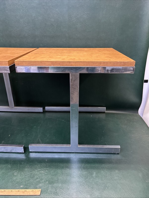 PAIR OF Mid Century Modern Side Chrome & Wood Top Tables 16" X 17" X 17" Tall gallery