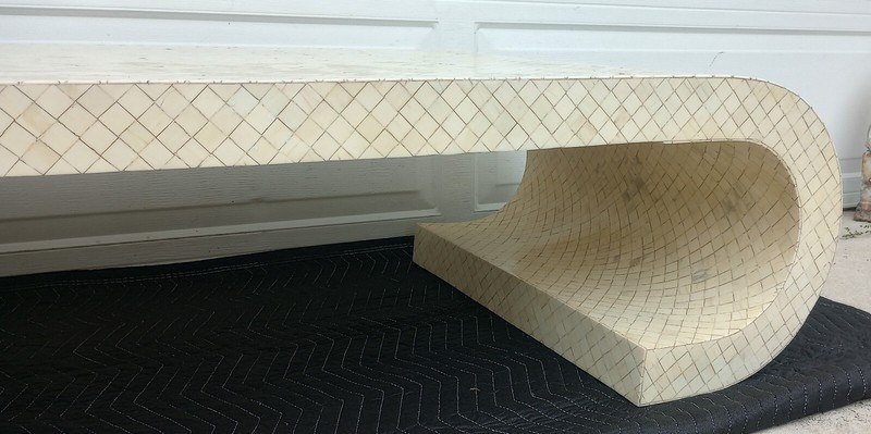 Vintage Mid Century Tessellated Bone Inlay Scroll Coffee Table gallery