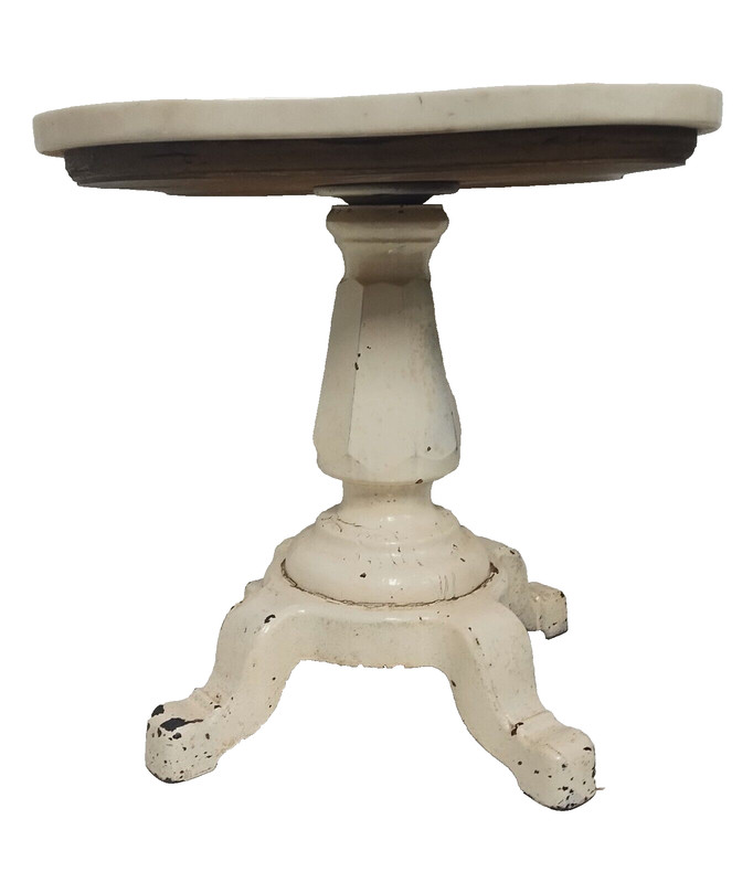 Antique 1920s Painted Wood & Iron Pedestal Marble Top Plant Stand Side Table 18″