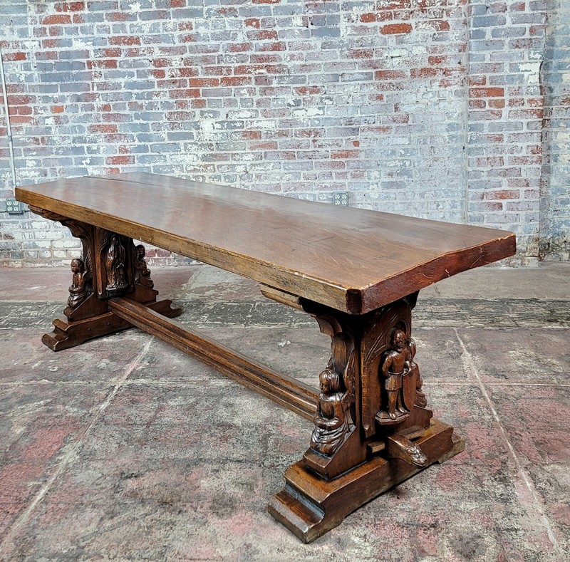 17th Century Gothic Carved Oak Figural 94″ Refectory Dining Table