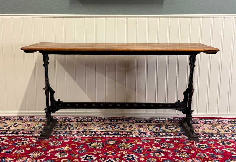 Antique English Bakers Table Sofa Entry Hall Kitchen Island with Cast Iron Base gallery