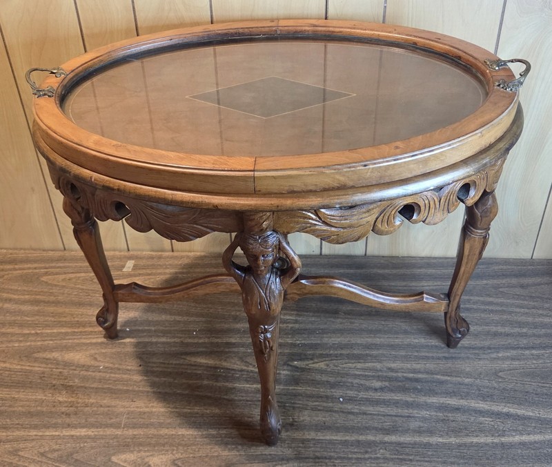Antique French Renaissance Oval Accent Table Carved Wood Figural Maidens Glass gallery