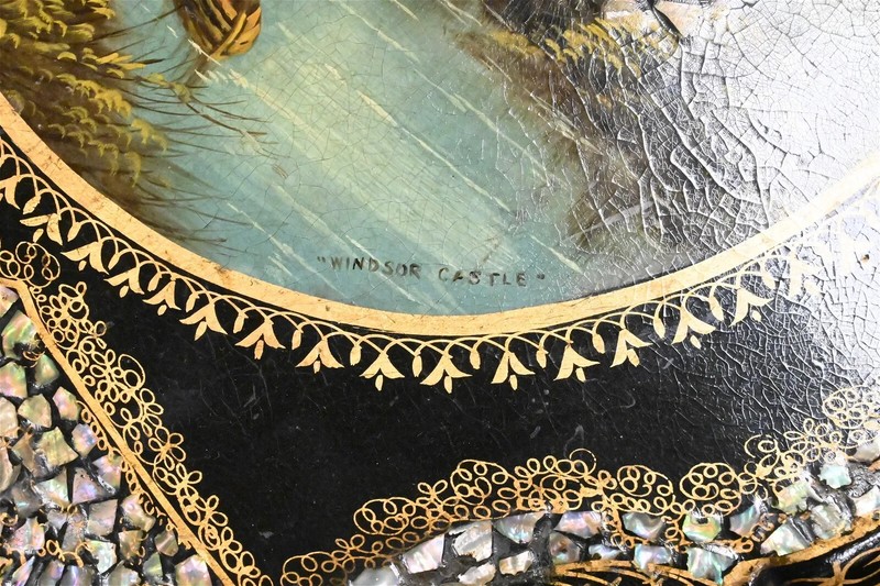 Antique Tip Table, Papier Mache, Black, Gold, Mother of Pearl, Scene, 1800s! gallery