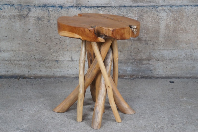 Rustic Adirondack Farmhouse Country Scalloped Slab Side Table Branch Base Stool gallery