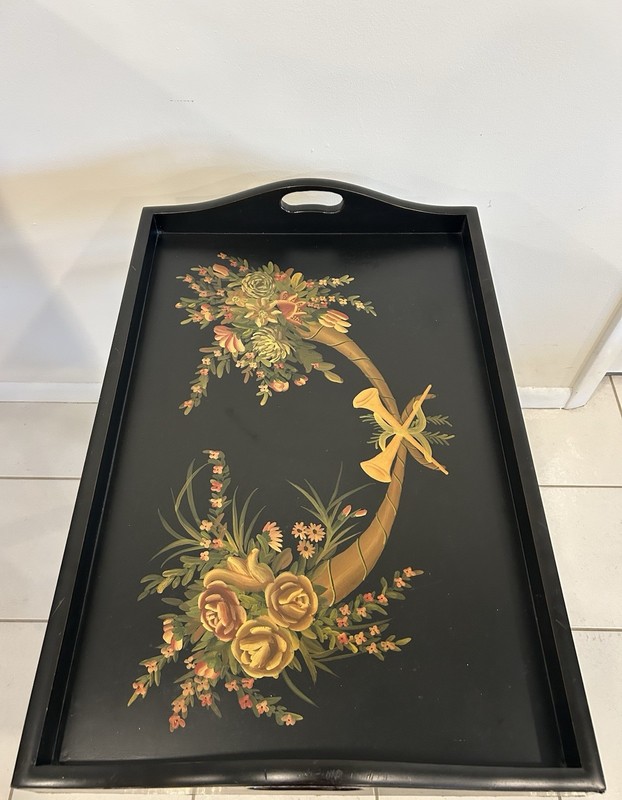 Vintage Butler Tray Coffee Table-Removable Top-Folding Stand-Ebonized And Gilded gallery