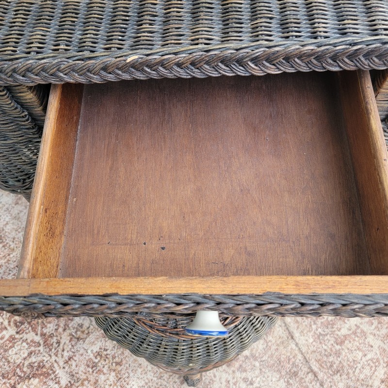 Vintage WICKER Desk Table Vanity w/ Drawer, Ceramic Knob & Stool gallery