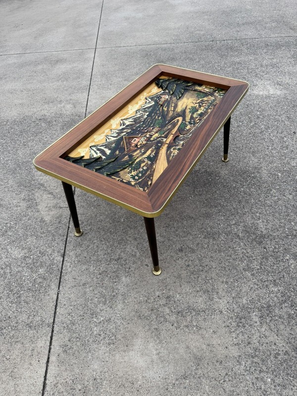 Mid-Century Modern Coffee Table w/ Black Forest Wood Carving Landscape Scene gallery