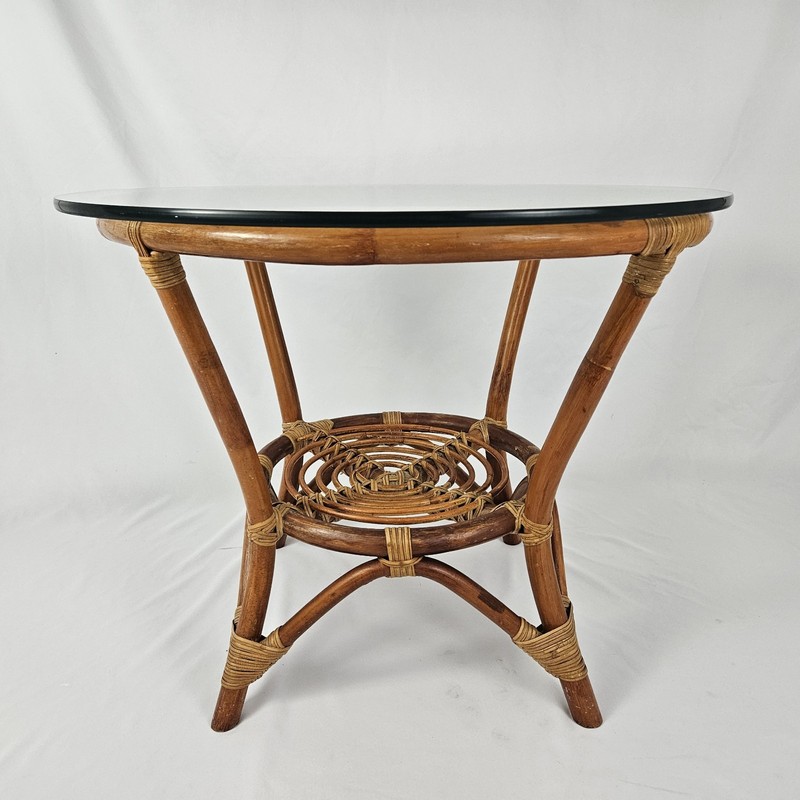 Vintage Rattan End Table Plant Stand Glass Top Boho Tiki Mid-Century Modern gallery