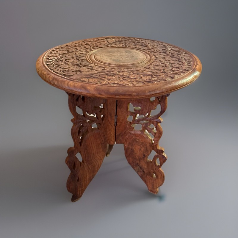 VTG Hand Carved Floral Folding side table Plant Stand Pedestal Inlay Swan Legs