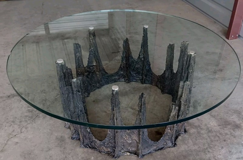 MCM BRUTALIST PAUL EVANS ABSTRACT BRONZE SCULPTURE BASE 42"GLASSTOP COFFEETABLE gallery