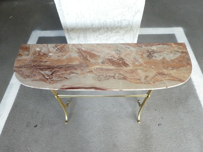 CHIC VINTAGE HOLLYWOOD REGENCY BRASS AND MARBLE TOP ENTRYWAY CONSOLE TABLE gallery