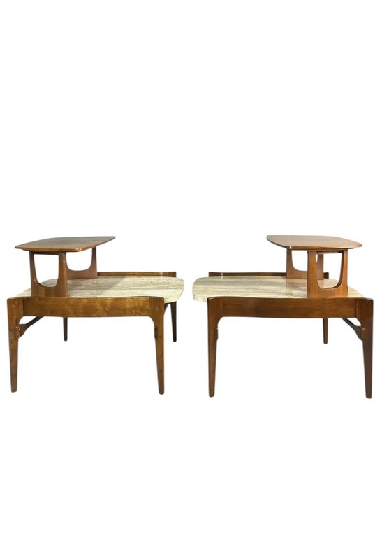 Mid Century Bertha Schaefer Walnut Travertine Top Step Side End Tables Stands gallery