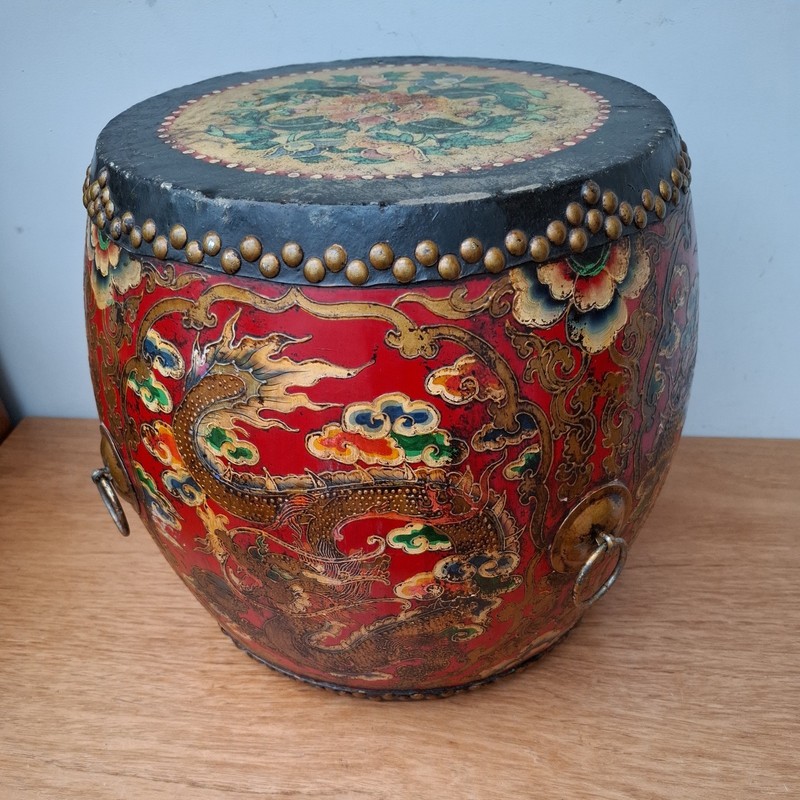 Vintage Antique Style Tibetan Ceremonial Drum Table Handpainted Dragon Wood