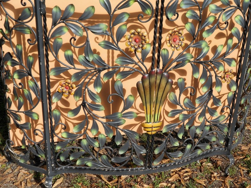VINTAGE MID CENTURY WROUGHT IRON CONSOLE TABLE WITH URN AND FLOWER DESIGN gallery
