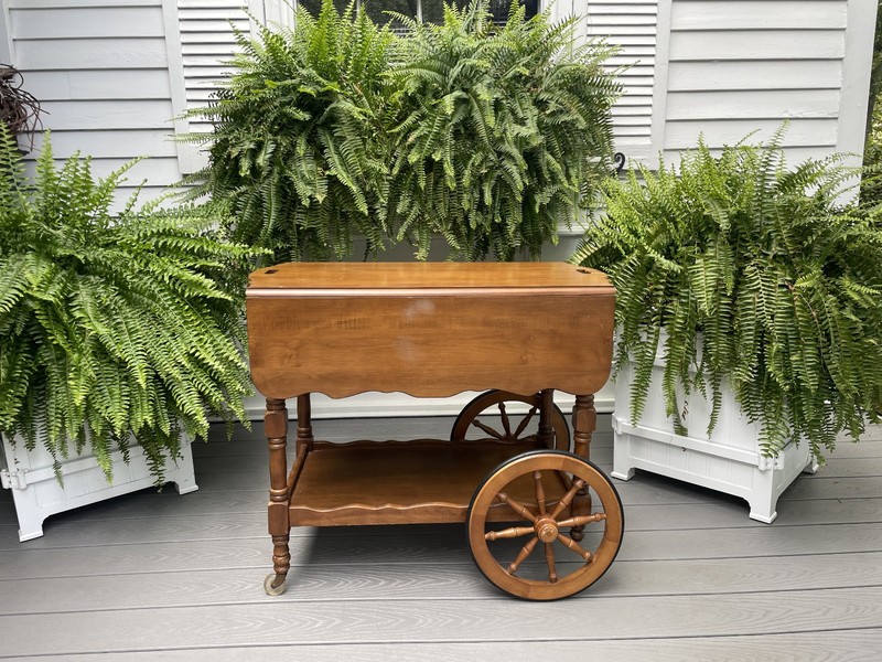VTG ETHAN ALLEN MAPLE ROLLING TEA CART DROP LEAF SIDE END COFFEE TABLE W/ SHELF gallery