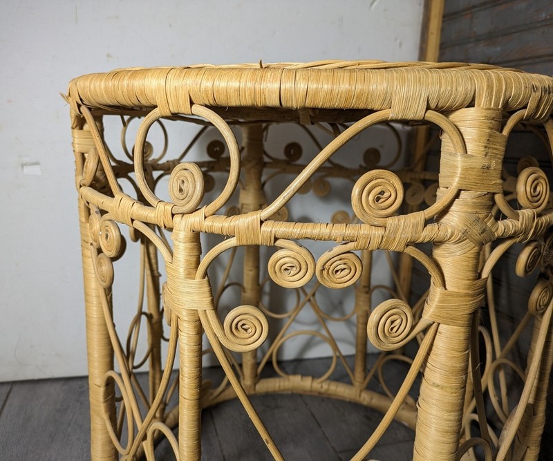 Vintage Boho Chic Wicker Rattan Peacock Spiral Round Drum Table Plant Stand gallery