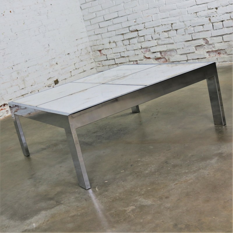 Modern Chrome and White Marble Coffee Cocktail Table Attributed to The Pace Coll