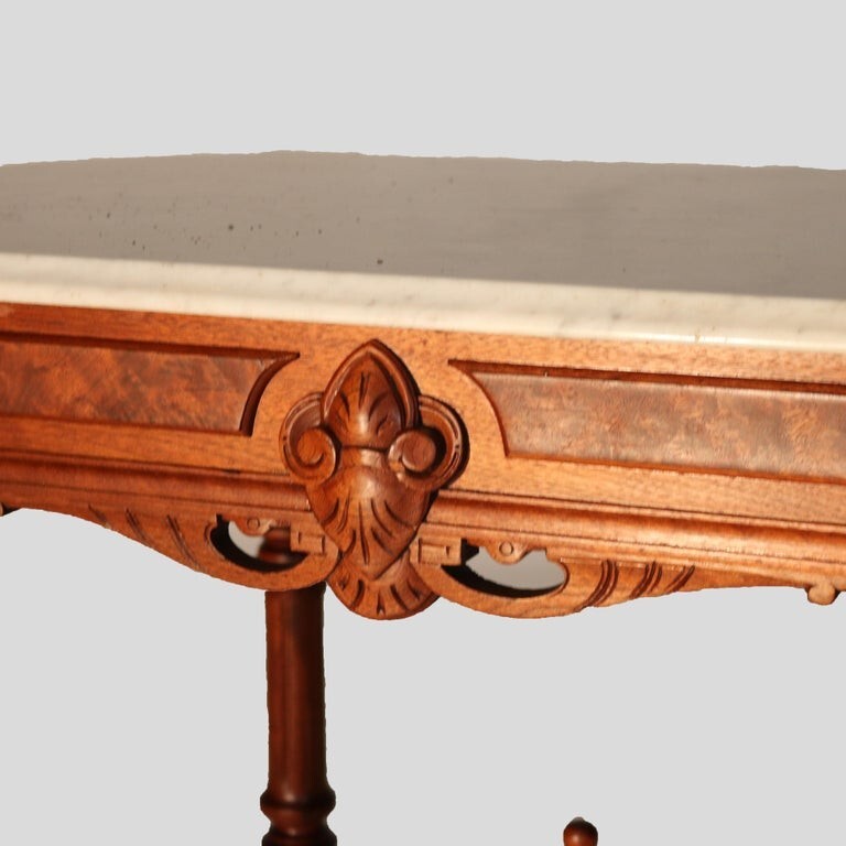Brooks School Renaissance Revival Carved Walnut Burl & Marble Parlor Table c1880 gallery