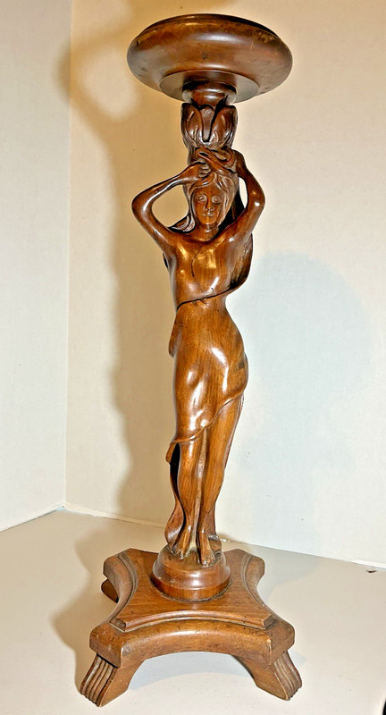 Art Nouveau Deco Figural Woman Wood Carved Pedestal Ashtray Smoking Plant Stand