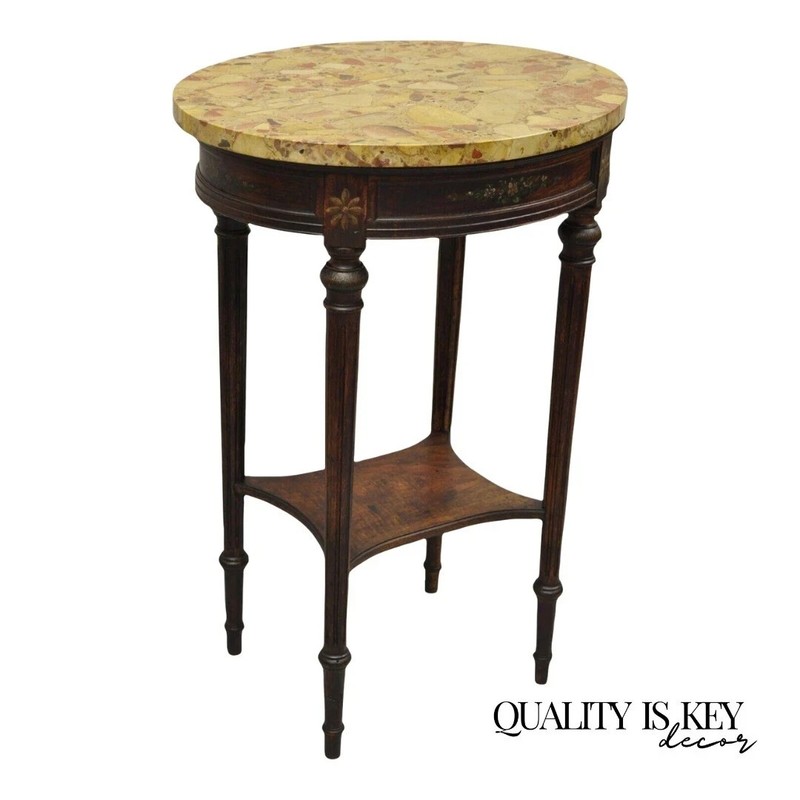 Antique French Louis XVI Style Victorian Oval Marble Top Accent End Side Table