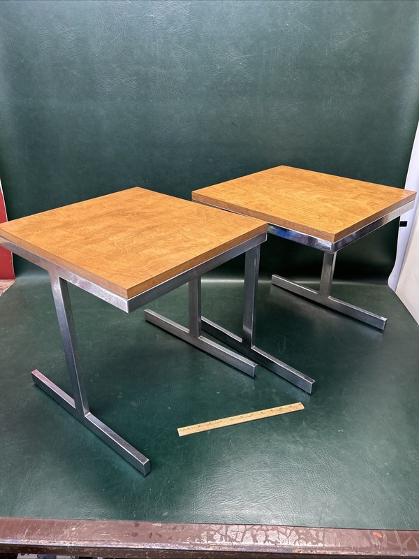 PAIR OF Mid Century Modern Side Chrome & Wood Top Tables 16" X 17" X 17" Tall gallery