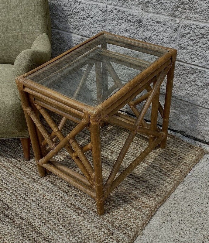 Vintage 1970s Chippendale Bamboo Rattan Glass Top Nesting Tables Set of 2 gallery