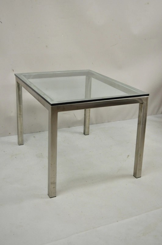 Mid Century Modern Brushed Metal Glass Top Milo Baughman Style Side Table gallery