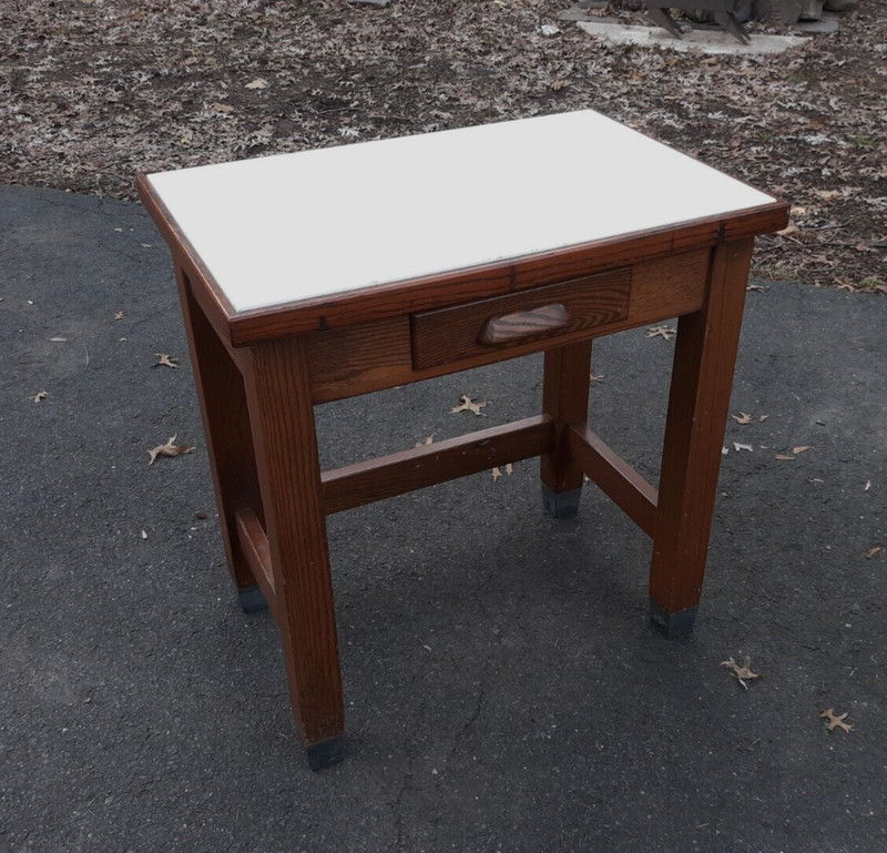 Antique Oak Glass Top Desk Table Industrial School Office Laboratory