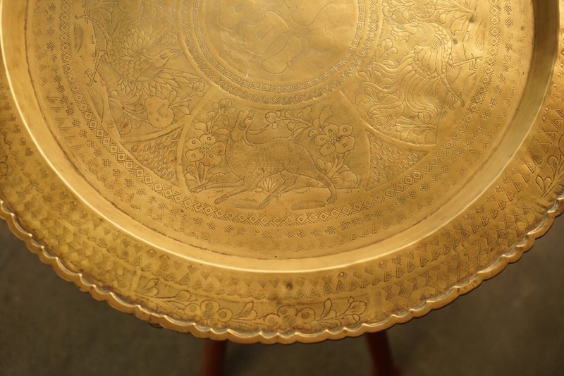 MID CENTURY MODERN MOROCCAN BRASS TRAY TABLE WITH TEAK FOLDING BASE gallery