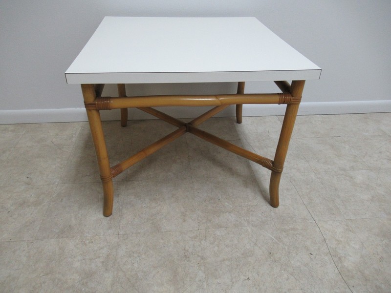Vintage Rattan Bamboo Willow & Reed Formica Lamp End Table Mid Century B gallery
